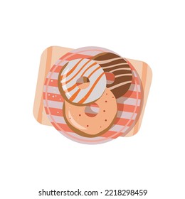 Flat vector illustration of donuts on plates. Flat vector illustration of donuts on plates. For sticker design and confectionery advertising. 