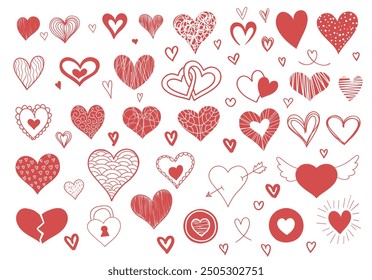 Corazones planos de Ilustración vectorial dibujados a mano. Patrón de corazones para el día de San Valentín.