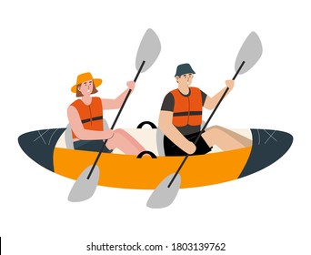 Flat vector illustration of a double sit on top canoe or kayak with a happy couple wearing life jacket. Family team fun activity on water, sea or river. Cartoon isolated design of inflatable boat. 