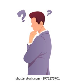 Flat vector illustration of doubtful man. A young businessman with a cartoon character with a hand gesture on the chin. Men take decisions seriously. Think, consider opportunities.