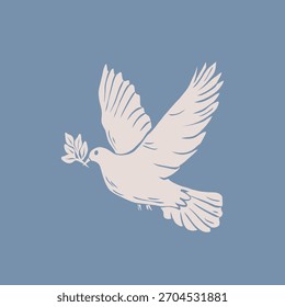Flat vector illustration of dove with olive branch