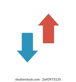 Flat vector illustration of an up and down arrow symbol in red and blue, representing upload and download, data transfer, file exchange, network activity, and internet communication.
