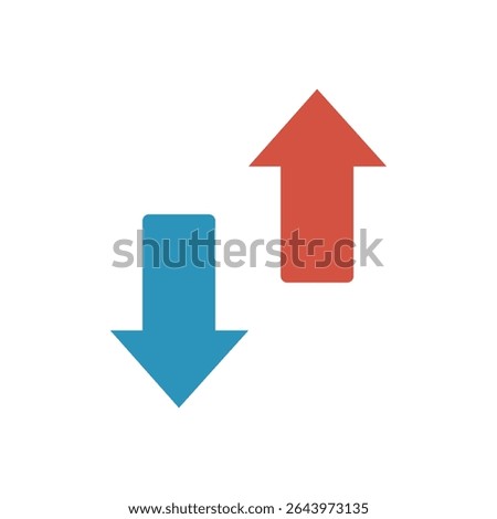 Flat vector illustration of an up and down arrow symbol in red and blue, representing upload and download, data transfer, file exchange, network activity, and internet communication.