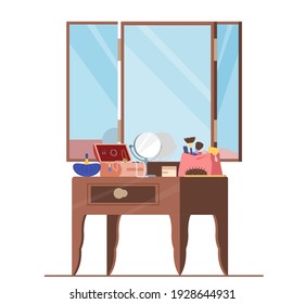 Flat Vector Illustration Of Dressing Table With Cosmetic Bag, Mirror, Jewelry, Makeup Brushes, Perfume. Women's Beauty Accessories. Isolated On White.