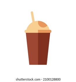 flat vector illustration, drink in a dark brown plastic cup with a straw on it in a minimalist flat style