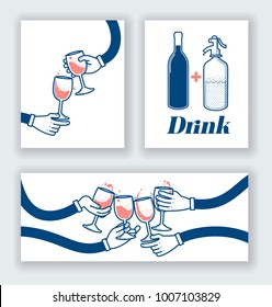 Flat vector illustration of drinking wine and soda, cheers, clinking glasses, party on white card