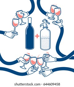 Flat vector illustration of drinking wine and soda, cheers, clinking glasses, party