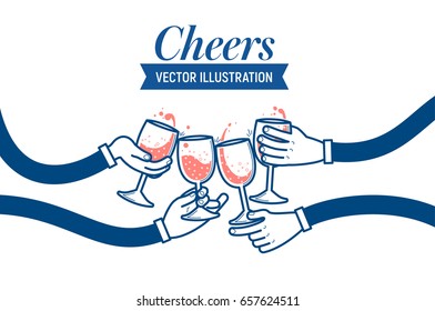 Flat vector illustration of drinking wine and soda water, cheers, clinking glasses, party, four hands. Drink with friends.
