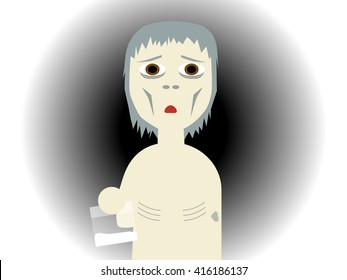 Flat vector illustration of a drug abused bony guy holding a plastic bag in which contains white powder