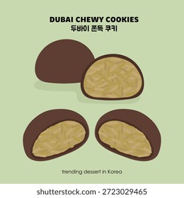 Una Ilustración vectorial plana de una galleta de chocolate de Dubái partida por la mitad para mostrar el relleno de pistacho kunafa. Diseñado en un estilo limpio y moderno para su uso en menús de postres, blogs de comida y marcas de redes sociales.