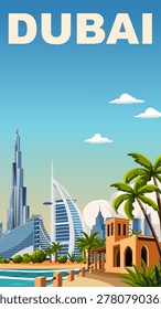 Flat vector illustration of Dubai skyline including modern skyscrapers, palm trees, and traditional architecture