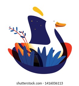 Flat vector illustration duck sitting in the grass on a starry summer night. Flat illustration