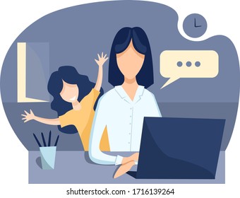 Flat vector illustration. During quarantine, a woman works from home. During a video call, the girl runs into the room. The child is preventing mom from working. Work on maternity leave.