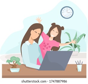 Flat vector illustration. During quarantine, a woman works from home. During a video call, the girl runs into the room. The child is preventing mom from working. Work on maternity leave.