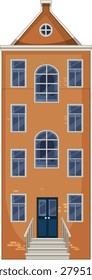 Flat vector illustration of a Dutch townhouse, brick exterior, symmetrical windows, front steps, daylight