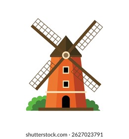 Flat vector illustration of a Dutch windmill with large blades and bright colors, designed in a clean and simple style.