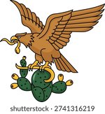 Flat vector illustration of an eagle holding a snake while perched on a cactus, inspired by symbolic heritage elements, clean outline style, minimal color palette, isolated on white background.