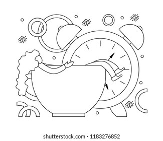 Flat vector illustration of early awakening to work. Monochrome line art.