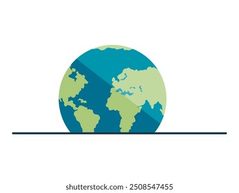 A flat vector illustration of the Earth using green and blue colors. The design is modern and simple, emphasizing global themes and environmental awareness.