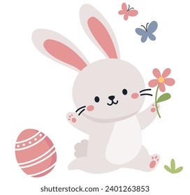Flat vector illustration for easter day card. Cute bunny running after butterfly with daisy, Easter egg 