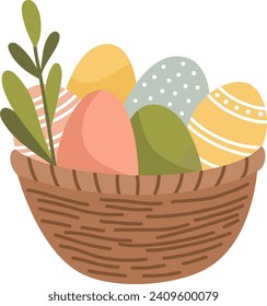 Flat vector illustration for easter day. Cute basket with Easter eggs 