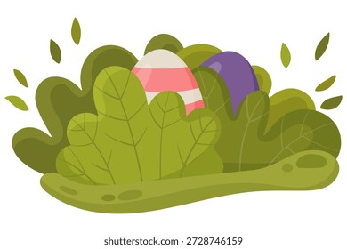 Flat vector illustration of Easter eggs hidden in green bushes during an Easter egg hunt. Perfect for Easter designs, greeting cards, banners, kids projects and seasonal spring graphics