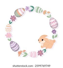 Flat vector illustration of an Easter wreath with pastel eggs, flowers and a cute rabbit. Suitable for holiday decor, greeting cards, invitations and seasonal designs