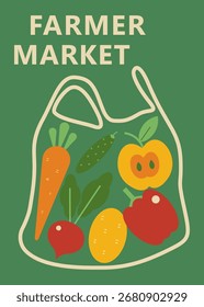 Ilustração de vetor plano de saco ecológico com legumes e frutas orgânicos frescos. O conceito de mercado dos agricultores, alimentação saudável, agricultura natural, colheita local e design de estilo de vida sustentável.