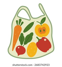 Ilustración vectorial plana de bolso eco con verduras orgánicas frescas y frutas. Concepto de mercado de agricultores, alimentos saludables, agricultura natural, cosecha local y diseño de estilo de vida sostenible.