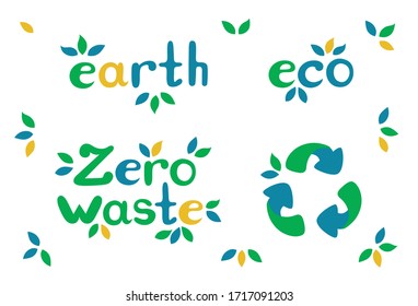 Flat vector illustration of eco inscriptions and symbol of recycling. Lettering for green and eco-friendly designs