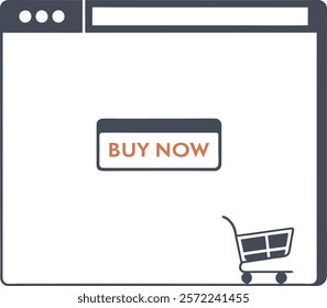 Flat vector illustration of an e-commerce browser interface featuring a "Buy Now" button and a shopping cart icon. Ideal for online shopping, digital marketing, and retail-related projects