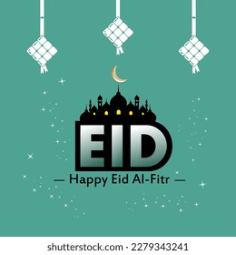 Flat vector illustration of Eid Al Fitr with silhouette mosque, ketupat, crescent moon anda stars in square design concept. Elegant template eid for celebration of Islamic event . Vector Illustrations