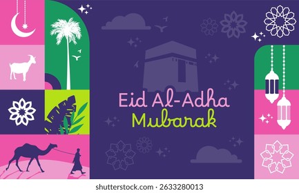 Flat vector illustration of an Eid al-Adha banner featuring mosque silhouettes, crescent moon, stars, and traditional Islamic geometric patterns