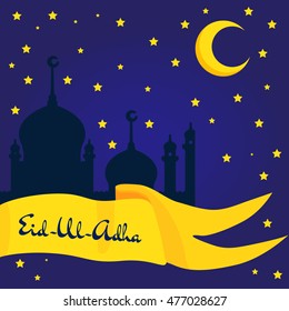 Flat Vector Illustration of Eid ka Chand Mubarak with mosque silhouette on background