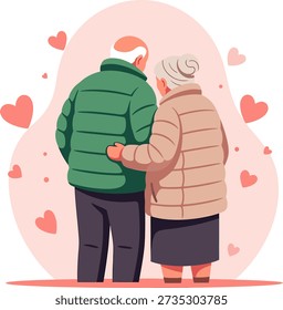 Flat vector illustration of an elderly couple walking arm in arm, surrounded by hearts. Represents lifelong companionship, love, romance, and retireme