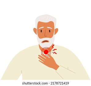 Flat vector illustration of an elderly man suffering from a sore throat. Symptoms of a viral infection. Portrait of a man on a white background.