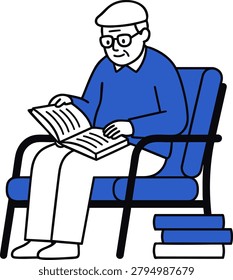 A flat vector illustration of an elderly man with glasses and a cap sitting in a comfortable chair, reading a book, with a stack of books beside him.