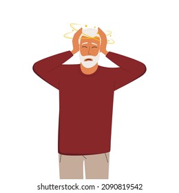 A Flat Vector Illustration Of An Elderly Sick Man Who Is Dizzy. Isolated Design On A White Background.