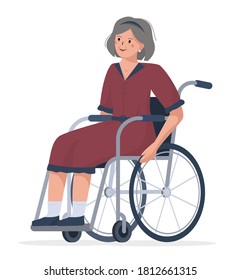 Flat vector illustration of an elderly woman in a wheelchair. Isolated chair with an old character on a white background. International Day of Persons with Disabilities