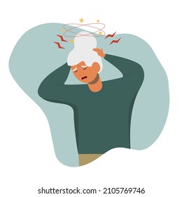 A flat vector illustration of an elderly woman who is dizzy. Dizziness and severe headache. Isolated design on a white background.