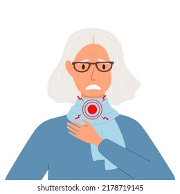 Ilustración vectorial plana de una anciana que sufre de dolor de garganta. Síntomas de una infección viral. Retrato de fondo blanco.
