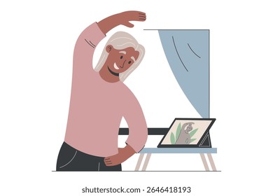 Ilustração vetorial plana de uma mulher idosa exercitando-se com um vídeo de fitness em um tablet. Conceito de bem-estar sênior, exercício em casa e envelhecimento saudável. Desenho animado isolado.