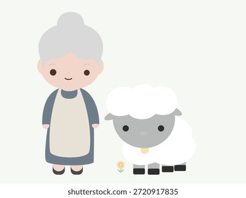 Ilustración vectorial plana de una mujer mayor de pie junto a una oveja, ambos mirando hacia adelante. Paleta de colores pastel, diseño plano simple y limpio, adecuado para editorial, Web y Uso comercial.