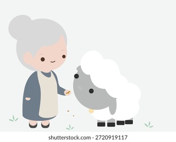 Ilustración vectorial plana de una mujer mayor de pie y alimentando a una oveja. Paleta de colores pastel, diseño plano simple y limpio, adecuado para editorial, Web y Uso comercial.