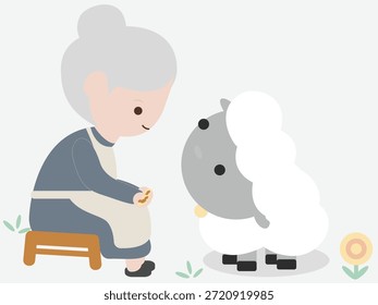 Ilustración vectorial plana de una mujer mayor sentada en una silla y alimentando a una oveja. Paleta de colores pastel, diseño plano simple y limpio, adecuado para editorial, Web y Uso comercial.