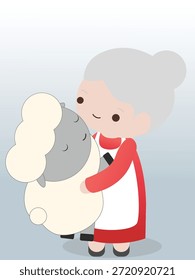 Ilustración vectorial plana de una mujer mayor que sostiene una oveja. Paleta de colores pastel, diseño plano simple y limpio, adecuado para editorial, Web y Uso comercial.