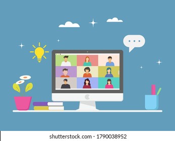 flat vector illustration e-learning and online education concept, distance learning, people connecting together via video conference on digital tablet, 