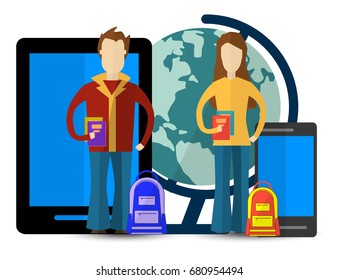Flat vector illustration for e-learning and online education with Men and Women. Education infographic. Vector Illustration.