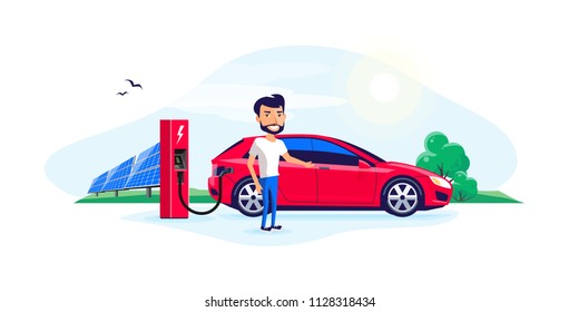 Flat vector illustration of a electric car charging at the charger station with a young man. Green trees nature and solar panels in the background. Electromobility e-motion concept. 