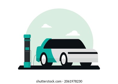 Flat vector illustration of electric car charging at the charger station. 